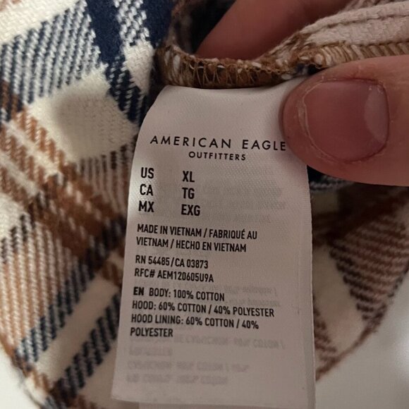 American Eagle Hooded Flannel Plaid Brown Cream Navy Fall Size XL Cozy Boyfriend - Picture 10 of 10